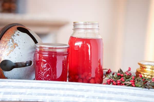 Two jars of homemade cranberry juice, one with whole cranberries at the bottom, displayed on a galvanized tray with a rustic metal bell and festive red berry decor.